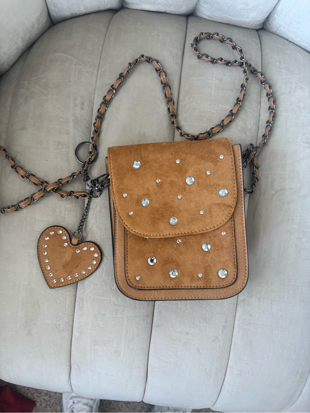 Leather and Suede Crossbody Bag with Crystal Accents - Tan